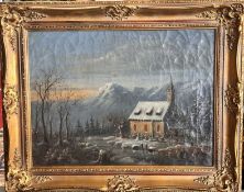unleserl. signierter Altmeister um 1850 "Kirchgang im Winter" Öl/Leinen, craquelliert, gerahmt, RG 