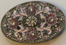 gr. vintage Modeschmuck Gürtelschnalle, Metall tw. emailliert und besetzt mit klaren Steinen, 9x6 c