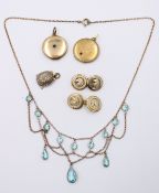 Konvolut antiker Schmuck, Collier, 3x Medaillons und Paar Manschettenknöpfe, Collier ca. L-43cm