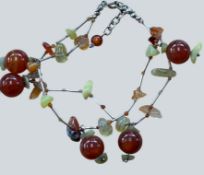 2 reihige Silber-925- Armband mit Karneol, Achat etc., L-ca. 19 cm, 23 gr.