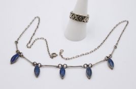 Collier mit Lapis, Silber 950 und 925er Silberring, ca. L-49cm, RG 49, zus. ca. 12,3gr., Tragespure