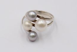925er Silber-Ring, graue u. weiße Perlen, RG 58