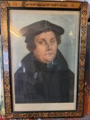 gr. Portrait Martin Luther, Lithografie, ger/Glas, Rahmen mit Brandmalerei und beschriftet, RG 85x6