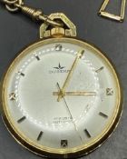 mechan Dugena Taschenuhr, Plaque (vergoldet) an Uhrenkette "FBM"  Amerikan Double, Werk läuft, D-4 