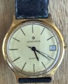 HAU Quartz "Junghans" vergoldet, Lederband, guter Zustand, D-34 mm