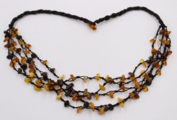 Collier, Bernstein, Stoffband, Handarbeit, älter, ca. L-48cm