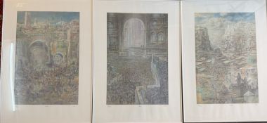 Jürgen Wölbing, (1942-2009) "Markt" / "Basar"/ "Börse", 3x gr. signierte , betitelte Farblithograph