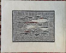 Irene Mertens "Gewebeverschiebung I" Stoffbild, 37x30 cm, verso Etikett