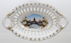 Andenkenschale um 1900, Charlottenburg, Durchbrucharbeit, Goldzier berieben, ca. H-5cm , 25,5 x 15,