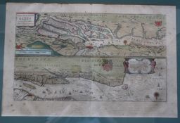 Die Elbe im Jahr 1628 von Willem Janszoon Blaeu, color. Kupferstich, ger./Glas, RG 61,5 x 80cm