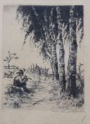 unleserl. signierte Radierung, Knabe mit Flöte am Bach, älter, gerahmt/Glas, Altersspuren, RG 31 x 