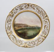 früher Ansichtenteller, polychrome Landschafts- bzw. Stadtvedutenmalerei, im Stil von KPM, ungemark