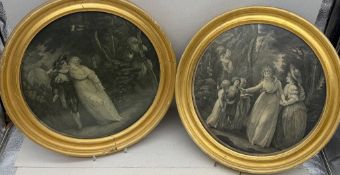 2x runde Lithografien, 19.Jhd. Altersspuren, hinter Glas, D-38 cm