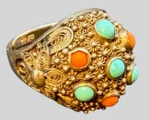vintage chinesischen Filigran-Statement-Ring aus Silber, Türkis-und Korallenbesatz, offene Ringschi