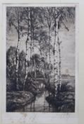 Georg FRITZ (1894-1967) , Birke am Bach, Radierung, älter, stockfleckig,  ger./Glas, RG 34 x 25cm