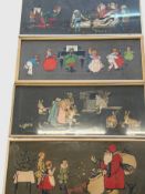 4x vintage Kunstdrucke/Lithografien, Kinder- und Märchenmotive, ger/Glas, RG ca. 31x75 cm, Weihnach