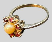 Silberring-925- mit Perle, umringt von roten Steinen, RG 60, 2,87 gr