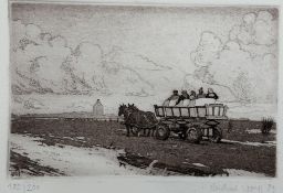 Michael Wolff (1959) "Wattwagen vor Insel Neuwerk" Aquatinta-Radierung, Nr. 182/200, BG 20,5x27 cm