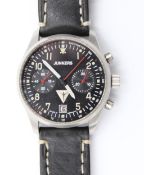 Junkers Handaufzug Chronograph, Edelstahl, Lederarmband, Saphirglas, Glasboden, Leuchtzeiger, Werk 