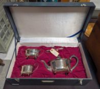 English Silver Plated 3-Pc Tea Set And Pair Of Tongs In Presentation Box.