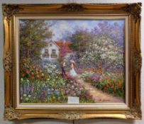 Bela Bodo Oil on Canvas, Couple in a Garden.
