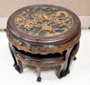 Chinese Carved Wood Chow Tables & 4 Stools.