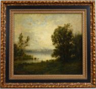 Mary Kollock, Oil on Canvas, Lake Scene with Trees.