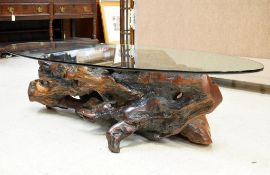 Burl Wood Base Oval Glass Top Coffee Table.