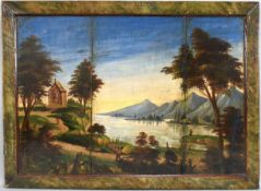 19th C. Oil on Wood Panels, Mountain Lake Scene.