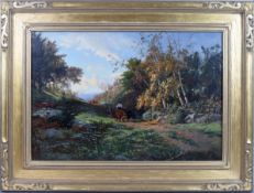 William Keith Oil on Canvas, Ox Cart on a Wooded Lane.