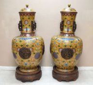 Pair of Chinese Cloisonne Famille Jeune Tall Vases.
