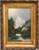 Thomas Hill Oil On Board, Mountain Lake Scene.