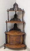 Burl Walnut & Marquetry 3-Shelf Corner Display.