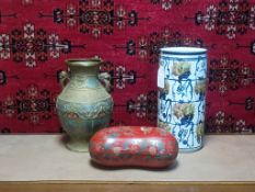 (2) Oriental Vases And A Red Lacquer Box