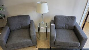 LOT - GREY LOUNGE CHAIRS W/ SIDE TABLE, COAT TREE & LAMP (2 UNITS)