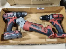 LOT - MILWAUKEE ASSORTED 18V BATTERY DRILLS & GRINDER W/ (1) BATTERY, NO CHARGER