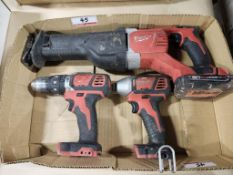 LOT - MILWAUKEE ASSORTED 18V BATTERY SAWZALL, SCREW GUN & DRILL W/ (1) BATTERY, NO CHARGER