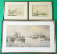 de Jongere, Marinus Adrianus: 3 Aquarelle "Ships in the port of Rotterdam" u. a.