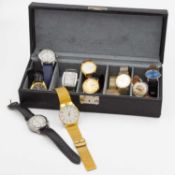 A collection of gentleman's watches, mostly quartz, and a silver-cased half-hunter pocket watch.