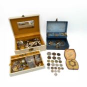 Two boxes with silver and costume jewellery, ladies' wristwatches, and coins.