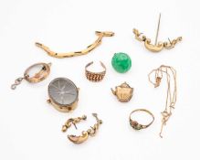 A selection of broken 9k gold, and two gold-plated jewellery items.