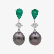 A good pair of 18k white gold emerald, diamond and grey pearl pendant earrings.