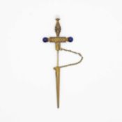A 19th-century Etruscan Revival silver-gilt filigree sword and scabbard jabot pin.