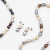 Two multi-coloured freshwater cultured pearl necklaces, and a pair of earrings.