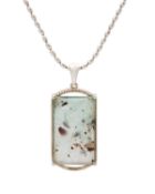 An Aquaprase gemstone and diamond pendant set on a silver necklace.