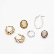 A selection of 9k gold earrings, and two shell cameos, one rose gold mounted.