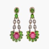 An eccentric pair of silver-gilt ruby, chrome diopside and diamond set pendant earrings.