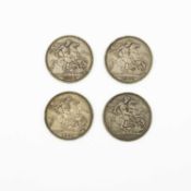 GB - four Victoria old veiled bust silver crown coins.