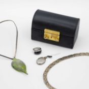 A selection of silver jewellery and a jewellery box.