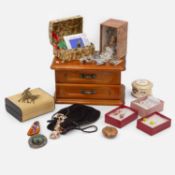 A selection of costume jewellery and two wooden jewellery boxes.